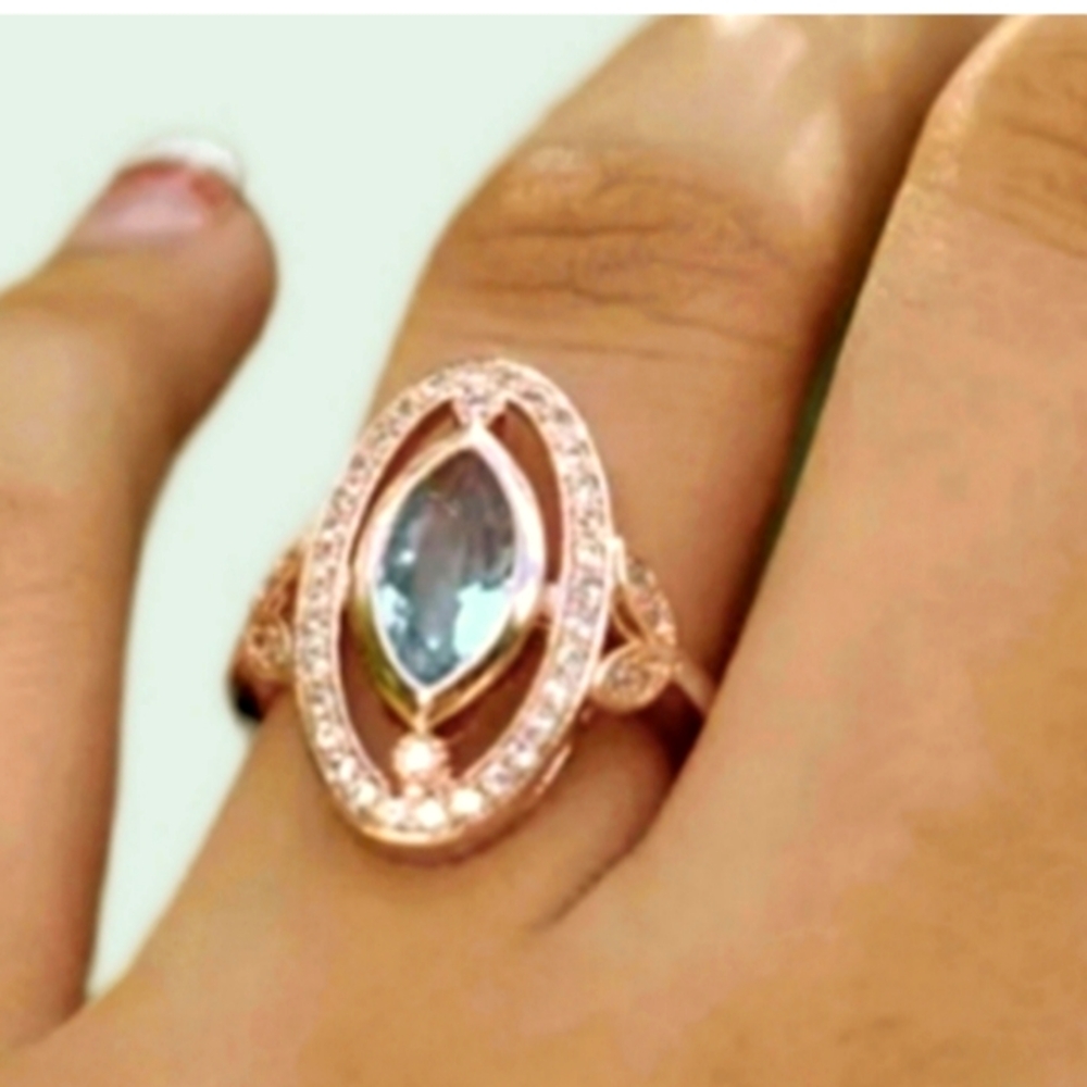 NWT Rose Gold & White Gold Plated Marquise Cut, Created Blue Aquamarine CZ Ring